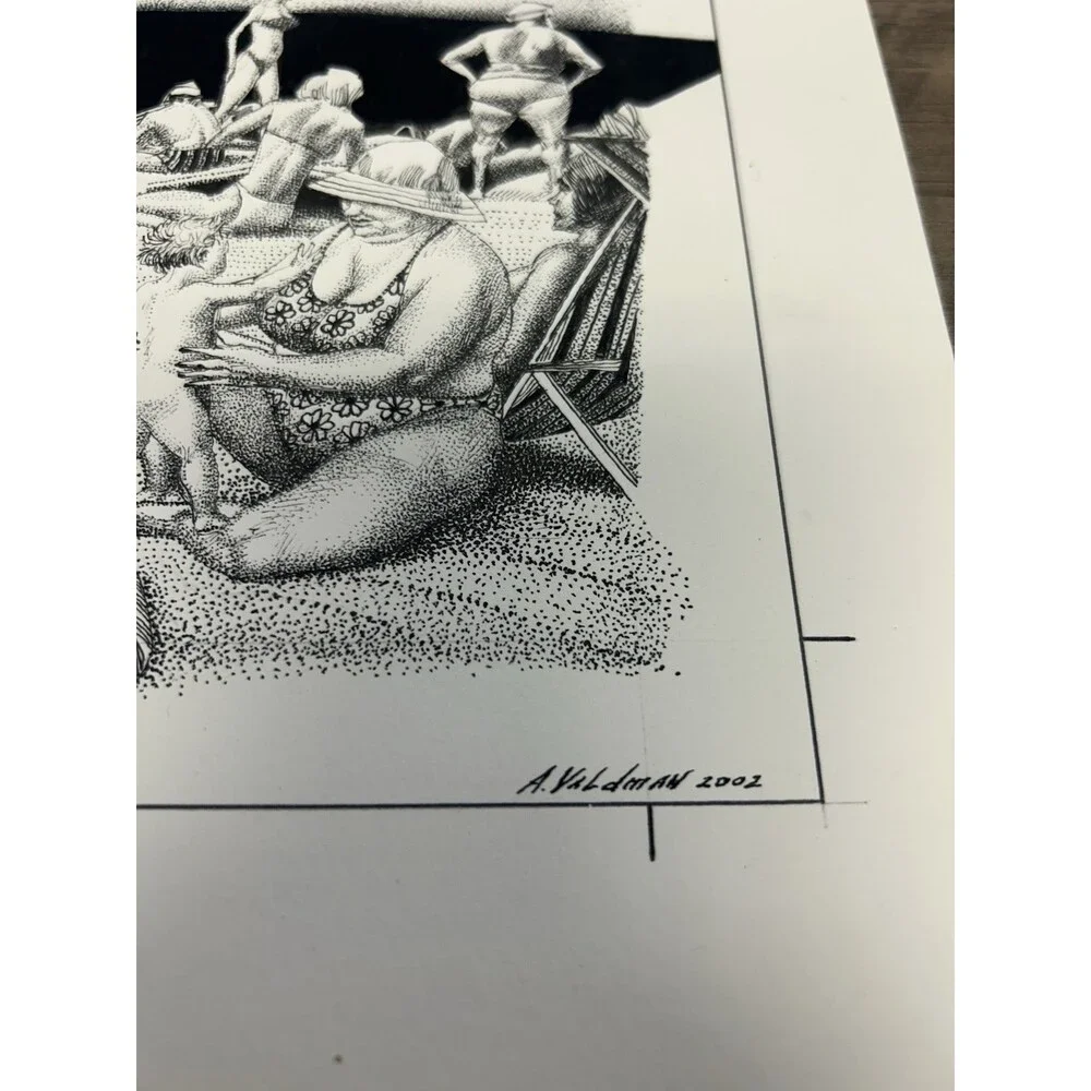 Original Alexander Valdman 2002 Signed Pen & Ink Drawing - Crowded Beach Scene